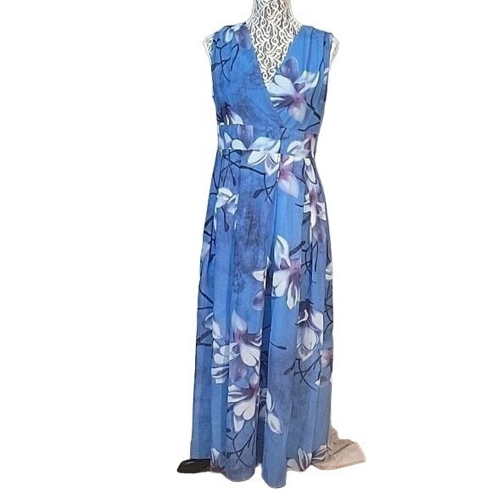 Floral Maxi Dress Womens Sleeveless V‎ Neck Blue White Party